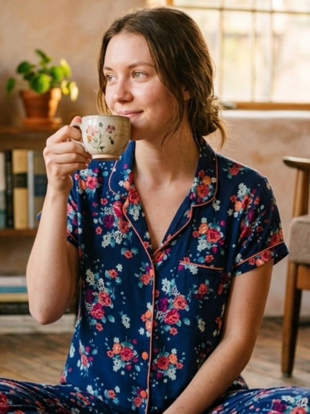 Harve Benard Floral Pajama Top Short Sleeve Button Up Navy Orange Size L